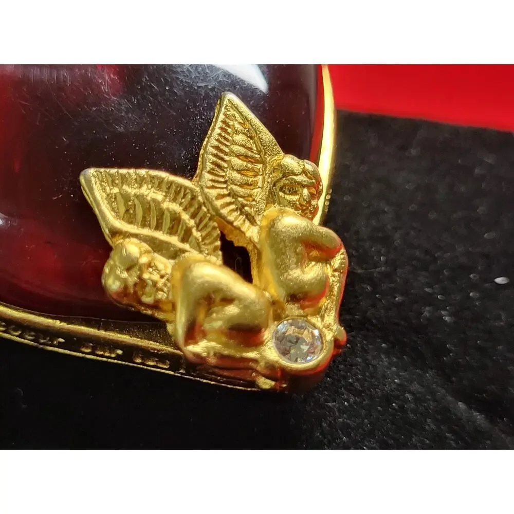 Givenchy Vintage Guardian Angel Cherub Red Lucid Heart Pin Brooch Gold Tone RARE
